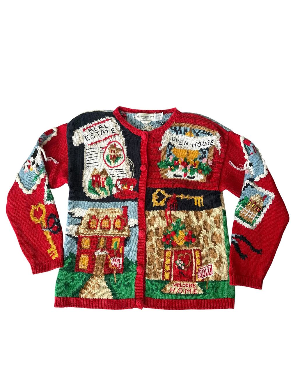 The Eagle’s Eye Vintage Real Estate House Novelty Cardigan Hand Knit Sweater M
